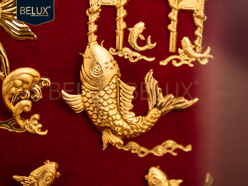 Tranh Cá Chép Vượt Vũ Môn Dát Vàng 24k- 25x20cm